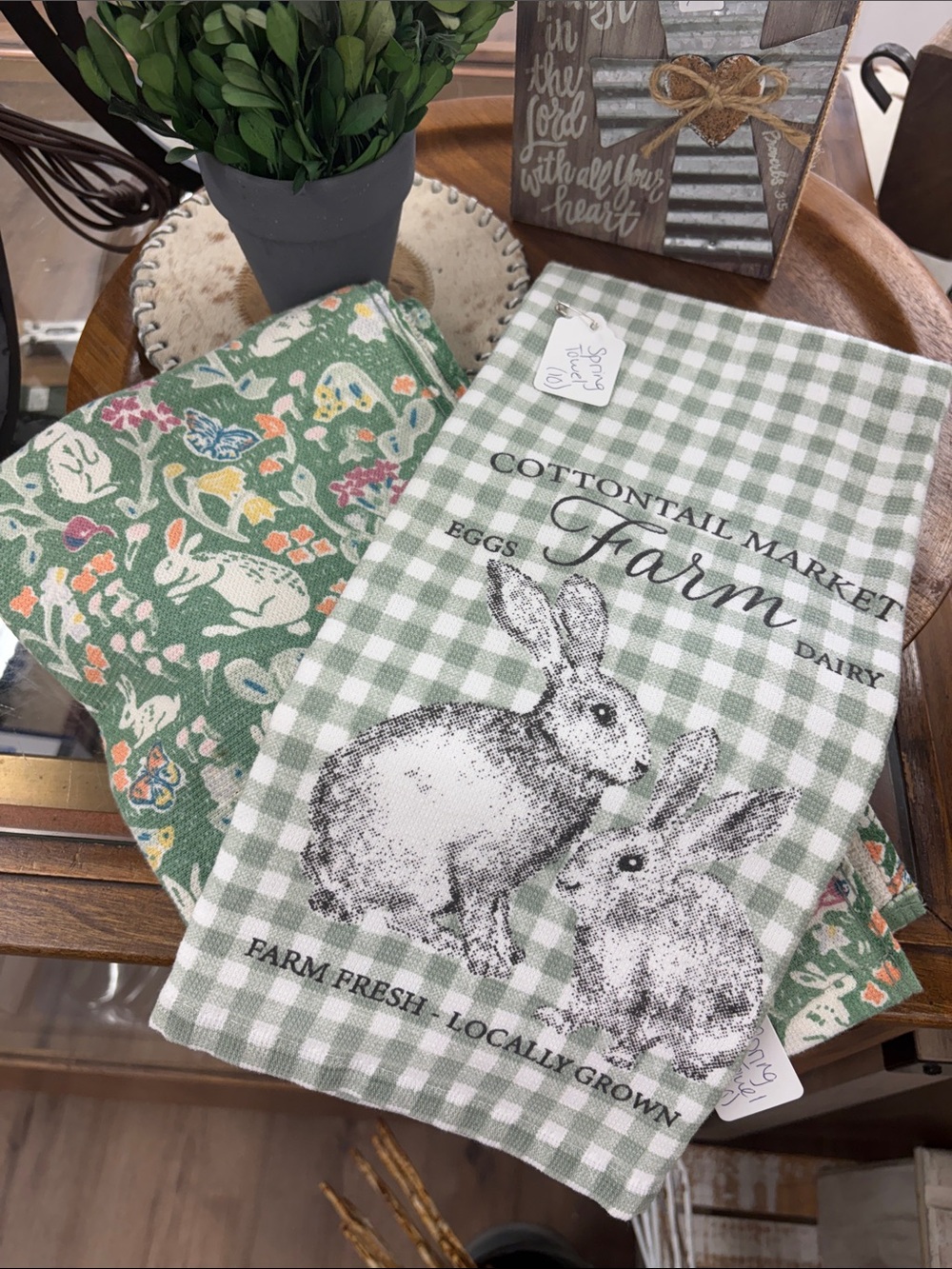 Farm Bunny Check Kitchen Towel - Green
